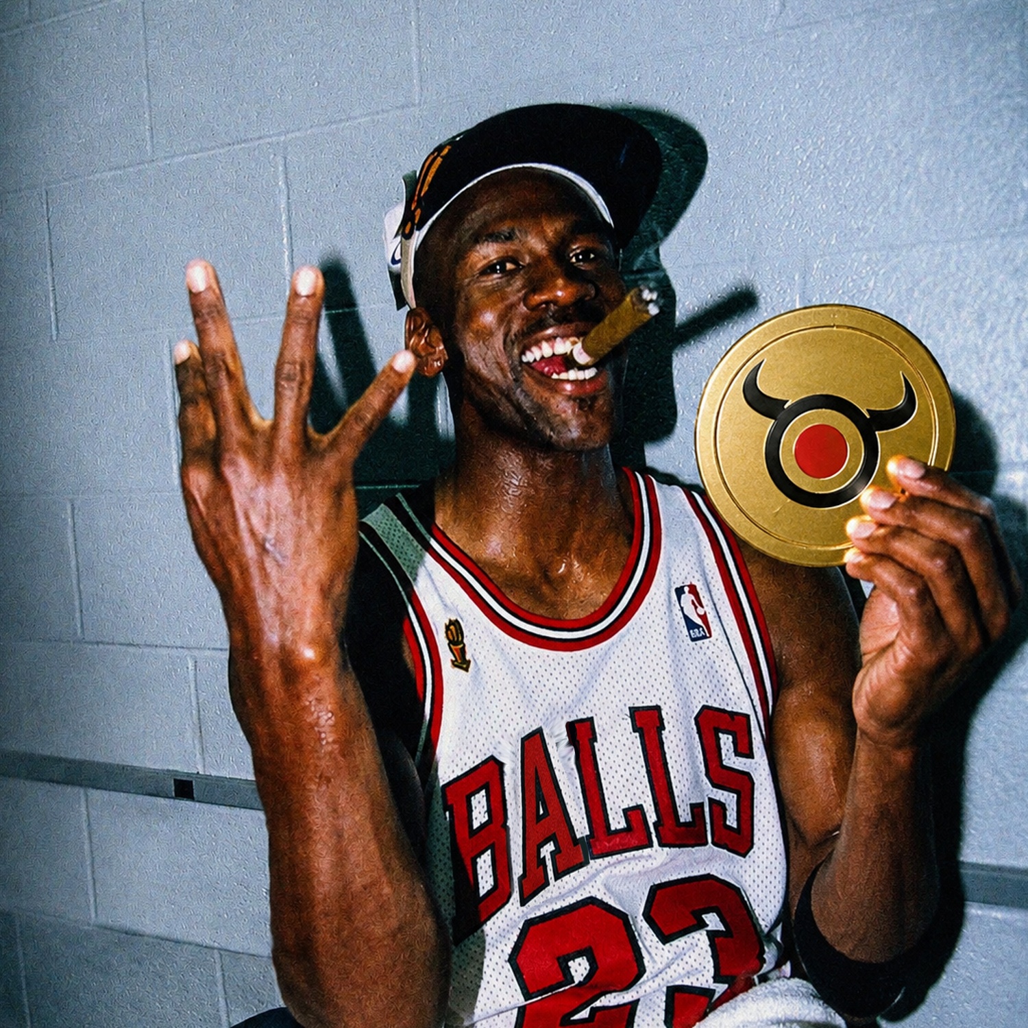 Basketball legend in a BALLS jersey holding a golden $BALLS coin